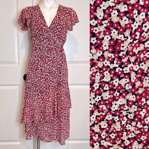 MICHAEL Michael Kors Navy Pink Floral Shutter Sleeve Wrap Midi Dress S